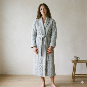 Skin Quilted Robe Womens Medium 2 Gray Cotton Belted Loungewear Cozy Hygge